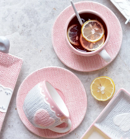 250ml Ceramic Tea Cup And Saucer Set Kawaii Bowknot Coffee Cup Dish Pink Wool Knitting Mug Microwave Safe.