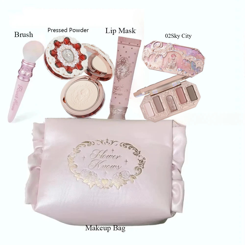 Makeup Set Flower Knows All in One GiftBox Glitter EyeShadow Palette Long Lasting Velvet Lip Cream Matte Blush with Cosmetic Bag.
