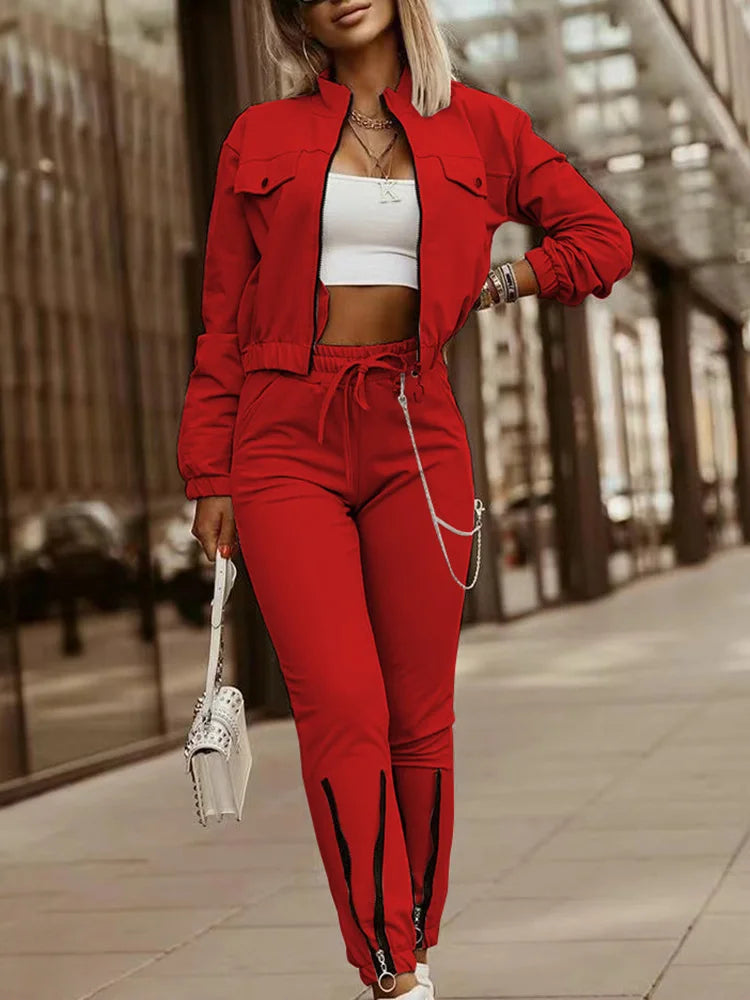 Two Pieces Matching Sets, Women Autumn Winter Long Sleeve Stand Collar Coats Outfit, Elastic Waist Pencil Pants Loungewear Suits.