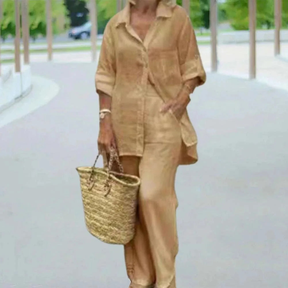 Elegant Solid Cotton Linen Shirt 2 Piece Set For Women Casual Outfits Autumn Long Sleeve Pocket Top Wide Leg Pants Suits Female.