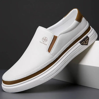 New 2025 Men's Genuine Leather Casual Sneakers Spring Summer Fashion Slip-On White Shoes Soft Sole Comfortable for Everyday Wear.