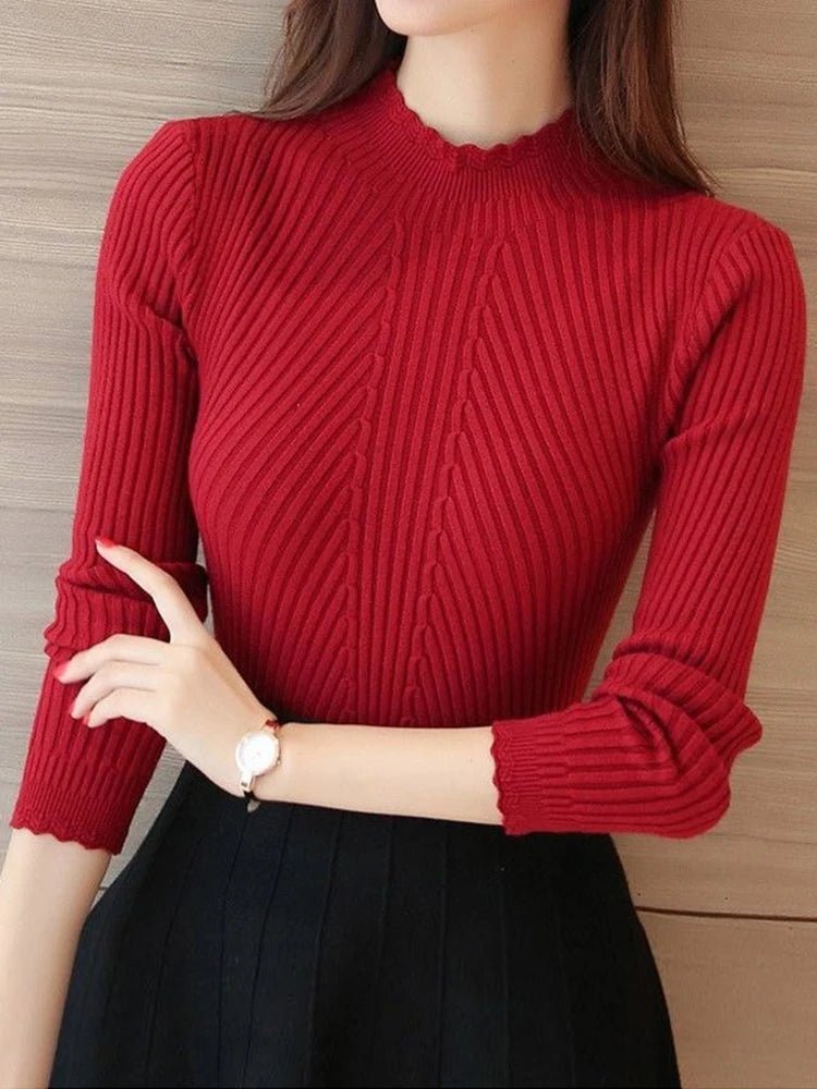 2025 herbst Frauen Mock Neck Rüschen Pullover Langarm Gestrickte Bodenbildung Solide Pullover Streifen Frauen Casual Pullover Winter.