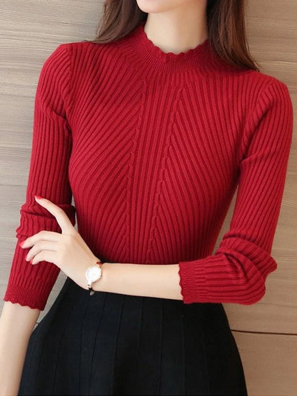 2025 herbst Frauen Mock Neck Rüschen Pullover Langarm Gestrickte Bodenbildung Solide Pullover Streifen Frauen Casual Pullover Winter.