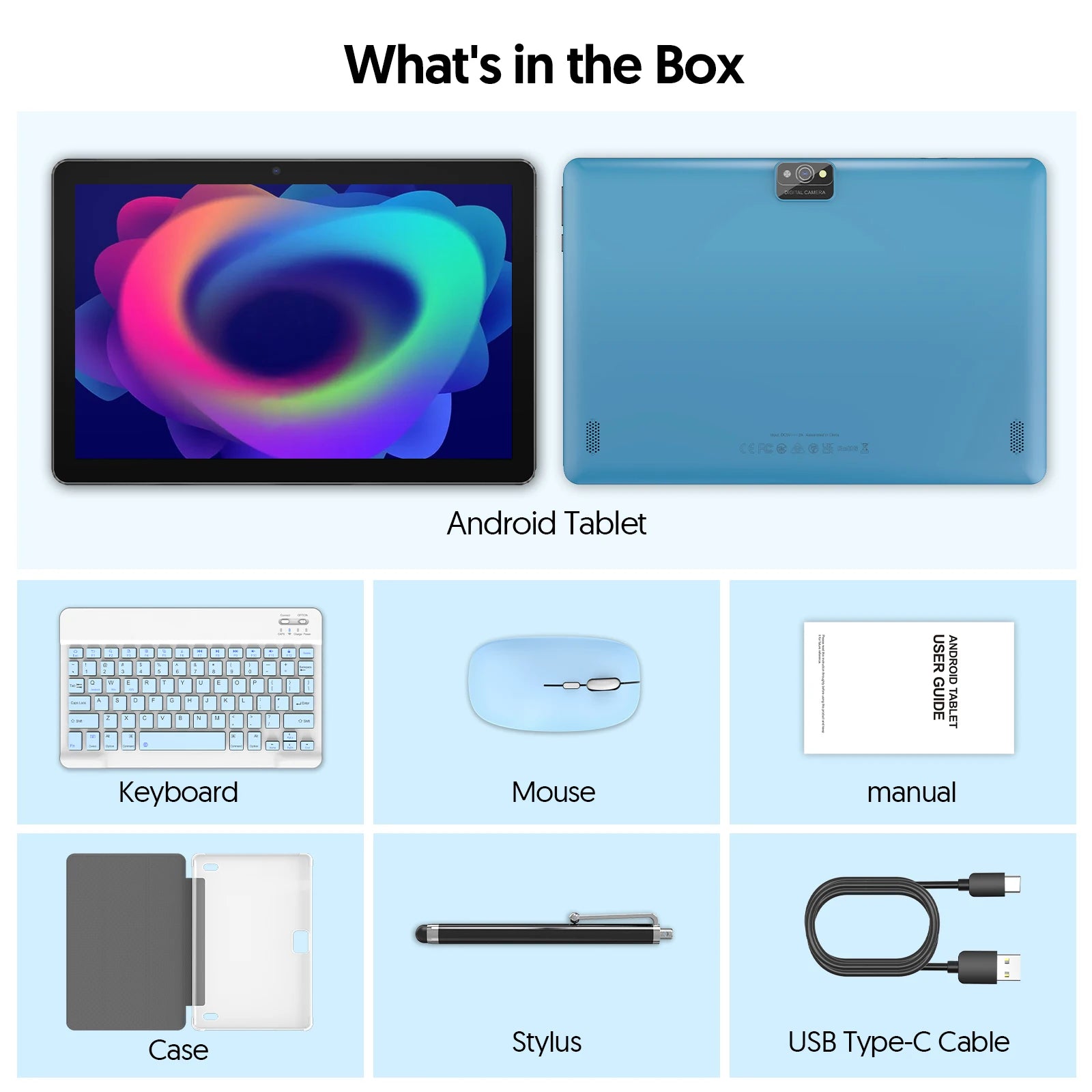 New BAKEN 10-inch Android 15 tablet with 64GB storage, keyboard, leather case, SIM card slot, stylus, mouse, and dual speakers.