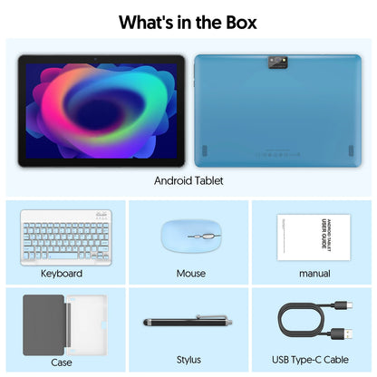 New BAKEN 10-inch Android 15 tablet with 64GB storage, keyboard, leather case, SIM card slot, stylus, mouse, and dual speakers.