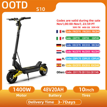 OOTD S10 Off-road Escooter 1400W Motor 48V20Ah Battery Adult E-Scooter 10-inch Tire City Commuting Electric Scooter.