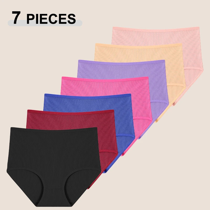 7Pcs Women's Cotton Panties Solid Color Plus Size Briefs Female Mid Waist High Elastic Underwear Cozy Breathable Lingerie S-2XL