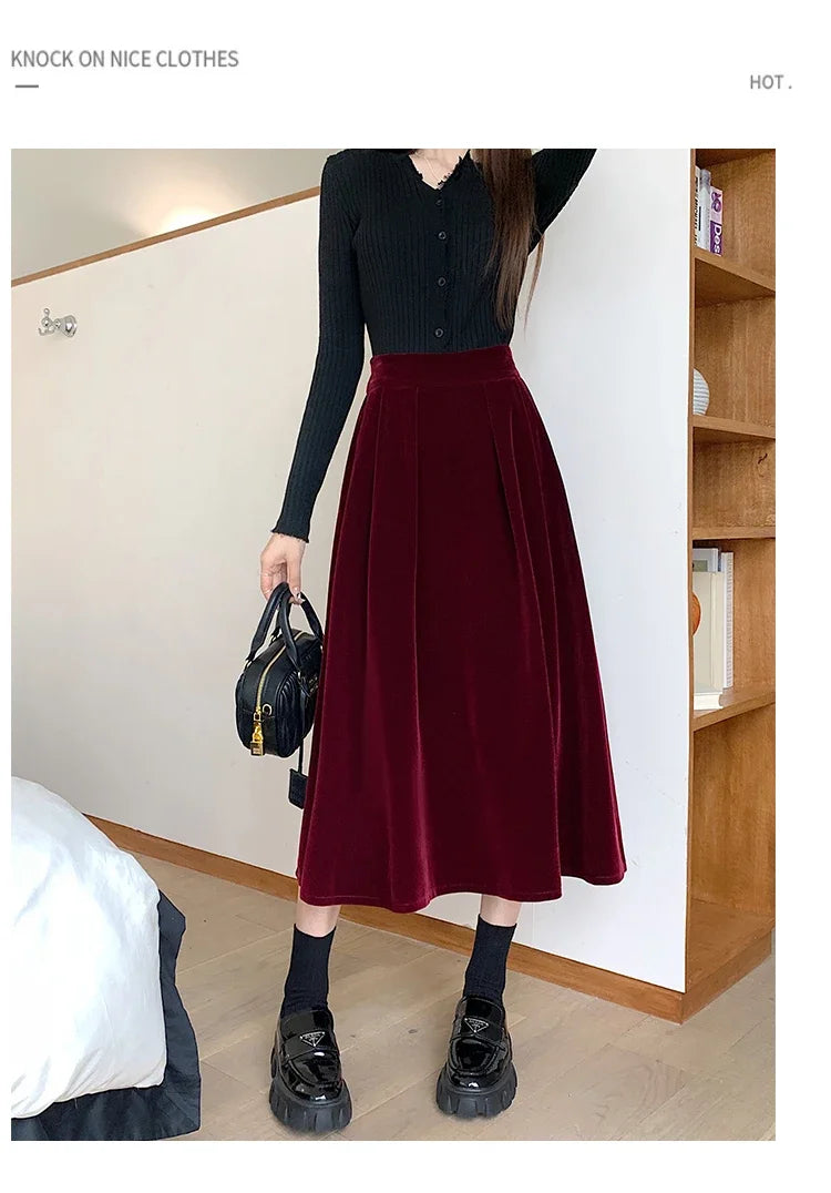 Autumn Winter Warm Vintage Red Elegant Velvet A-line Skirt For Women 2024 High Waist Casual Black Party Pleated Big Swing Skirts.