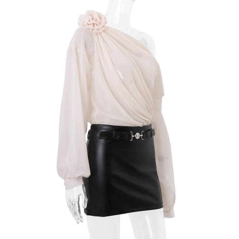 WhereMery Sexy Irregular Oblique-neck Flower Applique T Shirt Summer Off Shoulder Fashion Long Sleeve Crop Tops Street Mesh Tees