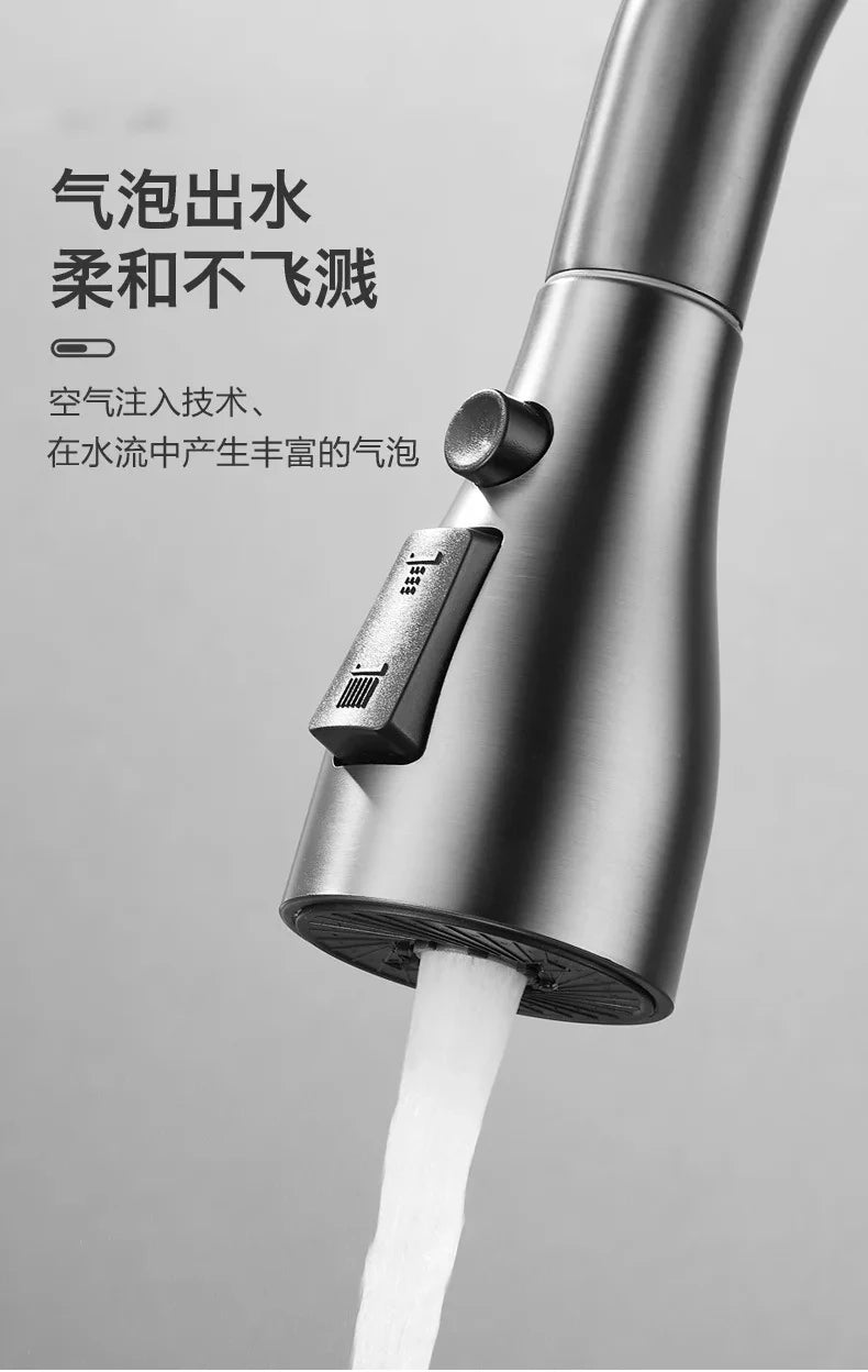 Kitchen faucet pull-out spray head 360 degree rotation hot and cold water pull-out black and silver single hole kitchen faucet