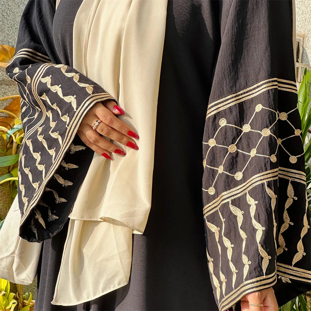 Linen Butterfly Embroidery Open Abaya Dubai Luxury 2024 Muslim Modest Kaftan Kimono Dresses Coat for Women Islam Clothing Kebaya.