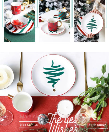 1pc Merry Christmas Ceramic Dinner Dish Plate Set Mug Dessert Cake Pastry Fruit Serving Plate Decorative Tableware.