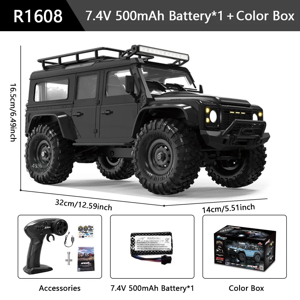 HB R1601 RC Car 1:16 2.4G 4WD Off-Road Remote Control Cars with LED Crawler Trucks Climbing Vehicle Model Toys for Kids Adult