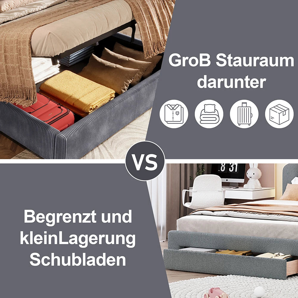 KOMHTOM Polsterbett 180x200cm, Samt mit, LED-Leiste, hydraulischem Stauraum, 2 Schubladen und USB+TYPE-C Anschluss