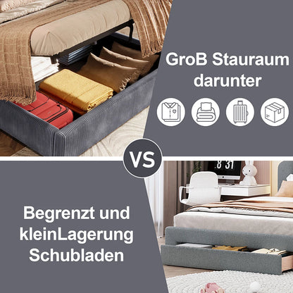 KOMHTOM Polsterbett 180x200cm, Samt mit, LED-Leiste, hydraulischem Stauraum, 2 Schubladen und USB+TYPE-C Anschluss