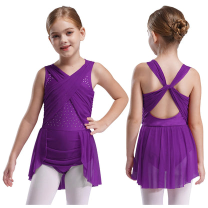 Kinder Mädchen Ärmellose Ausschnitt Strass Eiskunstlauf Trikot Kleid Lyrical Dance Gymnastik Akrobatik Leistung Kostüm