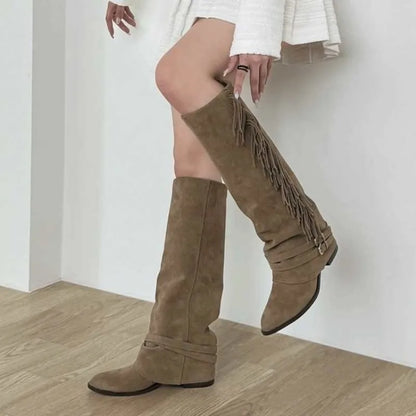 Suede Tall Boots Fall New Pointed Toe Belt Buckle Tassel Soft Sole Non-Slip Block Heel Boots.