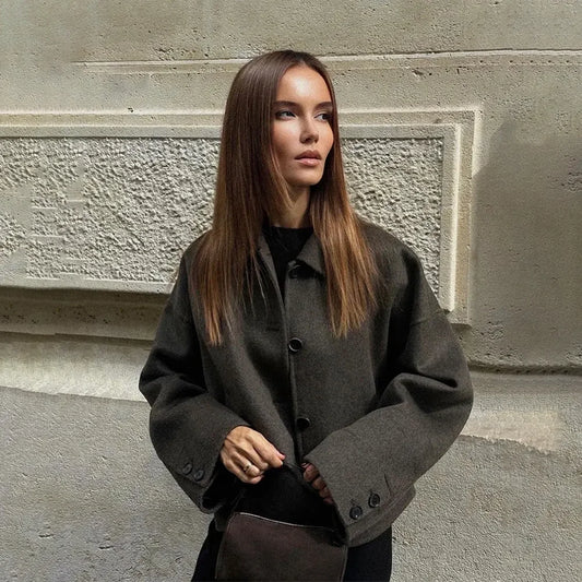 Woolen frauen Jacke Elegante Lose Langarm Turndown Einreiher Weiblichen Mantel 2024 Winter Mode Casual Dame Mantel.