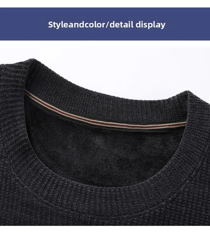 Fleece-Lined Knitted Pullover Sweater Casual Jumper for Men Insulated Warm Long Sleeve Thick Material Round Neck Design.