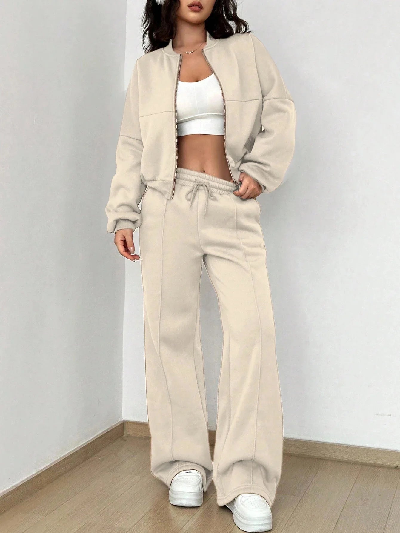 Autumn Winter New Cardigan Zipper Slim Two-piece Sets Women Casual Jakcet Coats Wide Leg Pant Set Fashion Female Clothing Suit