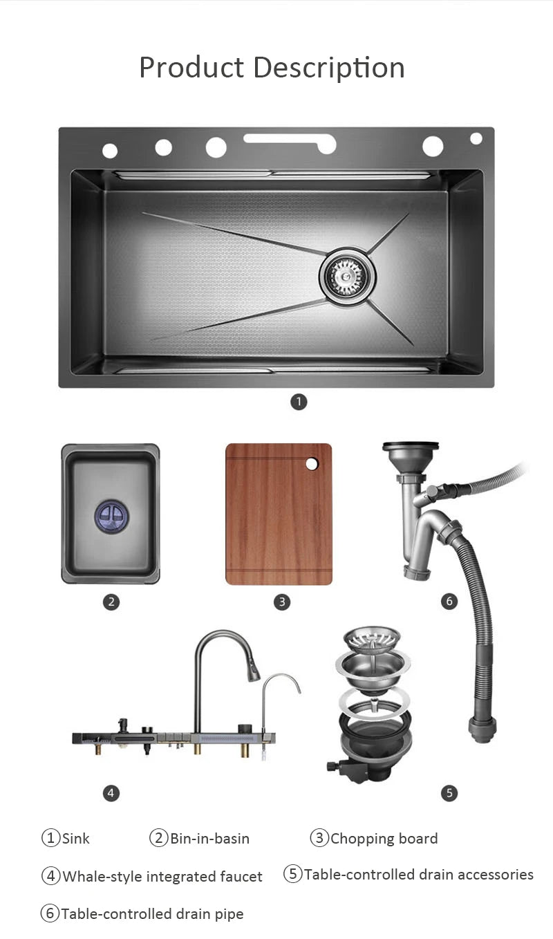 Whale style kitchen sink digital display flying rain waterfall stainless steel dishwashing pool vegetable washing basin multifun