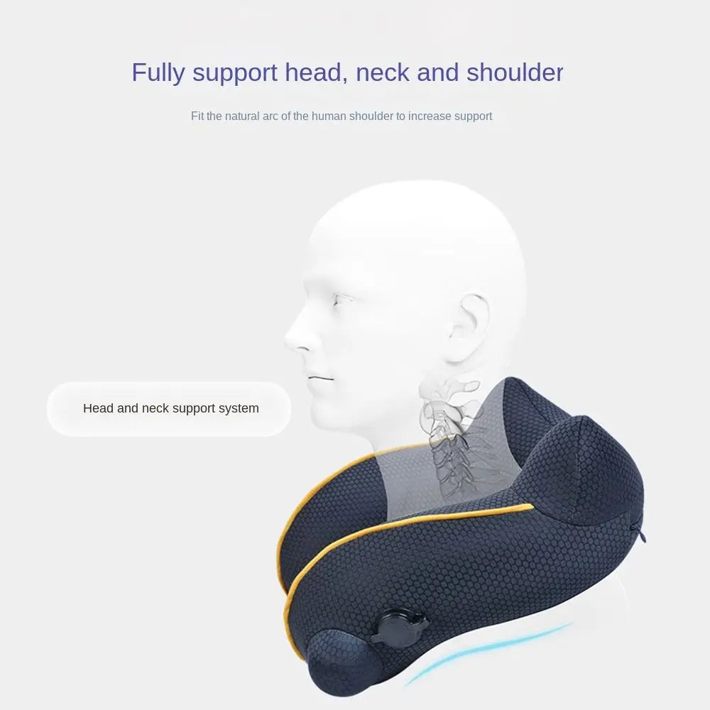 New U-shaped Travel Neck Pillow Elastic Fabric Foldable Inflatable Pillow Press Type Neck Support Cushion Airplane Pillow.