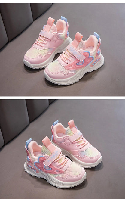 Girls Sports Shoes Kids Running Shoes Pink Breathable Air Mesh Heart Sweet Sneakers Cute Hook & Loop Children's Casual  Shoes.