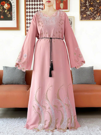 2025Fashion Dubai Diamond Muslim Women Modest Dress Elegant Arabic Femme Hijab Long Sleeve Chiffon Abaya Islamic Turkey Clothing.