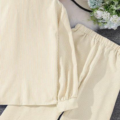 Spring Hot Sale Kids Outfit 4-12 Years Girls Striped Long Sleeve Chemise + Casual Loose Straight Leg Pants Shirt Suit 2Pcs Set