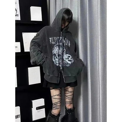 Korean Fashion Sweatshirts Harajuku Gothic Printed Coats Jackets Subculture Vintage Faux Fur Hooded Women Casual Y2k Clothing.
