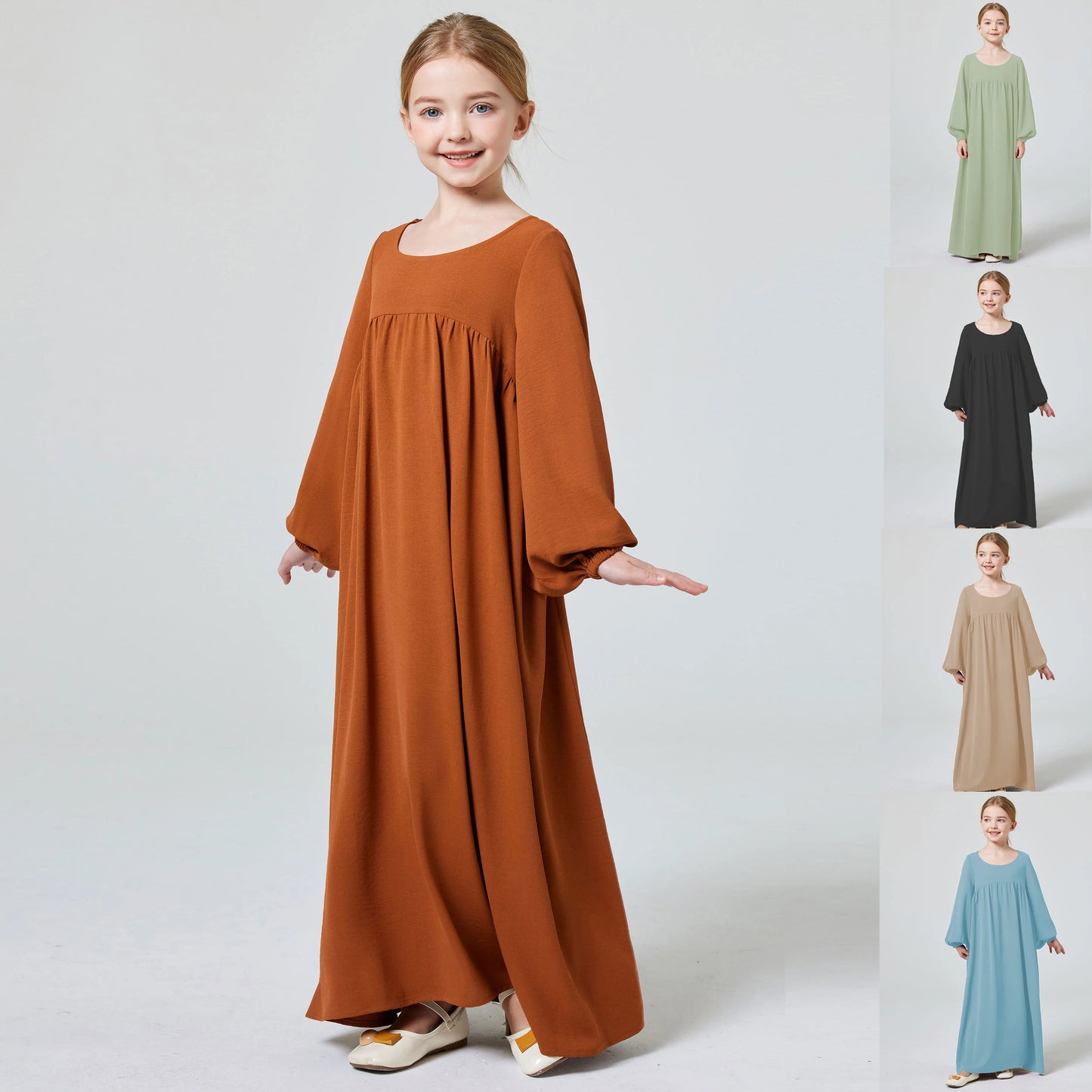 Kids Abaya Ramadan Muslim Dubai Elegant Girl's Solid Crew Neck Long Sleeve Kaftan Kebaya Dress For Party Pray Gift.
