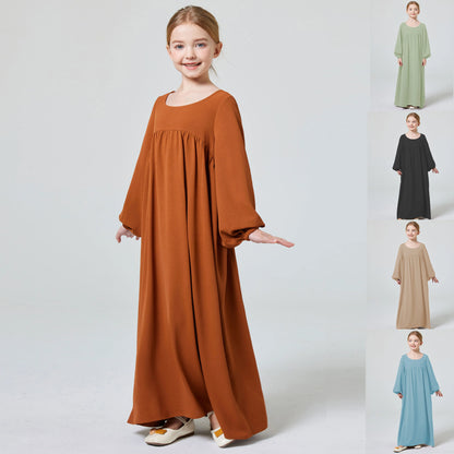 Kids Abaya Ramadan Muslim Dubai Elegant Girl's Solid Crew Neck Long Sleeve Kaftan Kebaya Dress For Party Pray Gift.