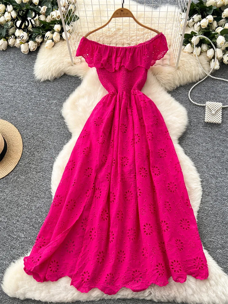 SINGREINY Schickes, ausgehöhltes Kleid mit Stickerei, Rüschen, Spleiß, schulterfrei, elastisch, gerüscht, schlank, 2025, solides, sanftes, langes Urlaubskleid.