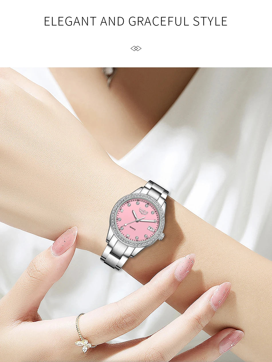 LIGE 2025 Diamond Women's Watch Fashion Elegant Quartz Wristwatches Waterproof Steel Strap Watch For Ladies Gifts Reloj Mujer.