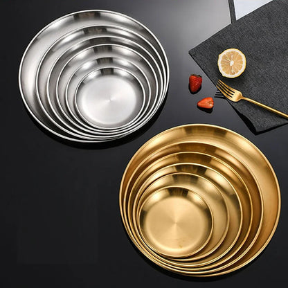 1Pcs Gold Stainless Steels Metal Round Plate Rust-Proof Shallow Tray Plate Camping Plate BBQ Picnic Dishes Cookware Tableware.