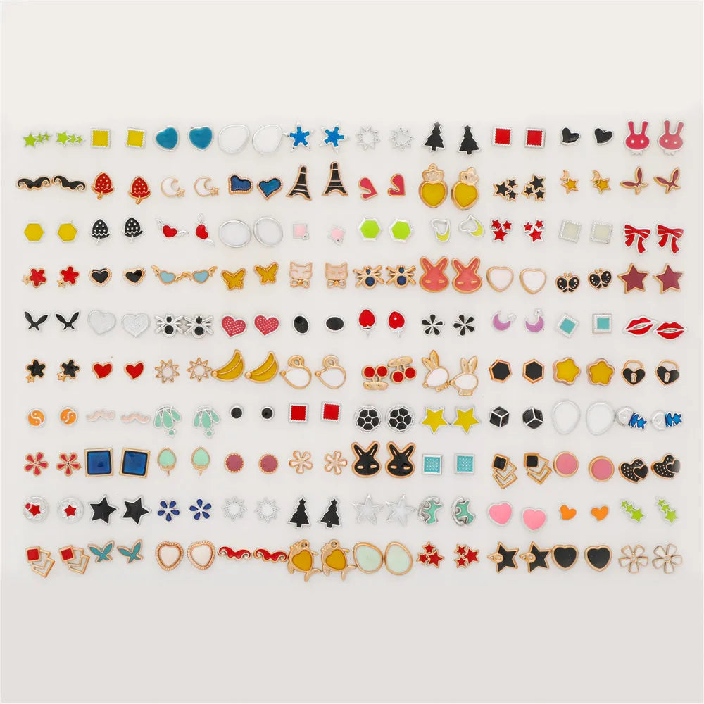 100 Pair/Lot Small Mini Stud Earring Set For Girl Love Star Animal Geometric Random Female Wedding Party Ear Jewelry Accessories.