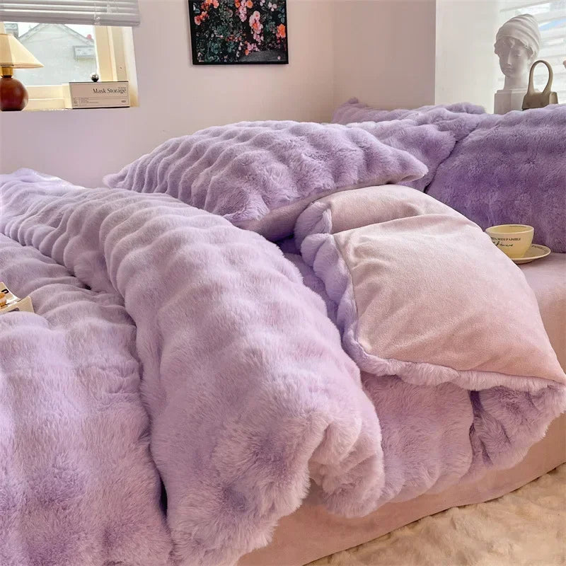 4pcs Grey Rabbit Fur Bedding Set Thick Milk Plush Winter Duvet Cover Warm Bed Sheets, Queen Size Four Piece Set  Bedroom Decor
