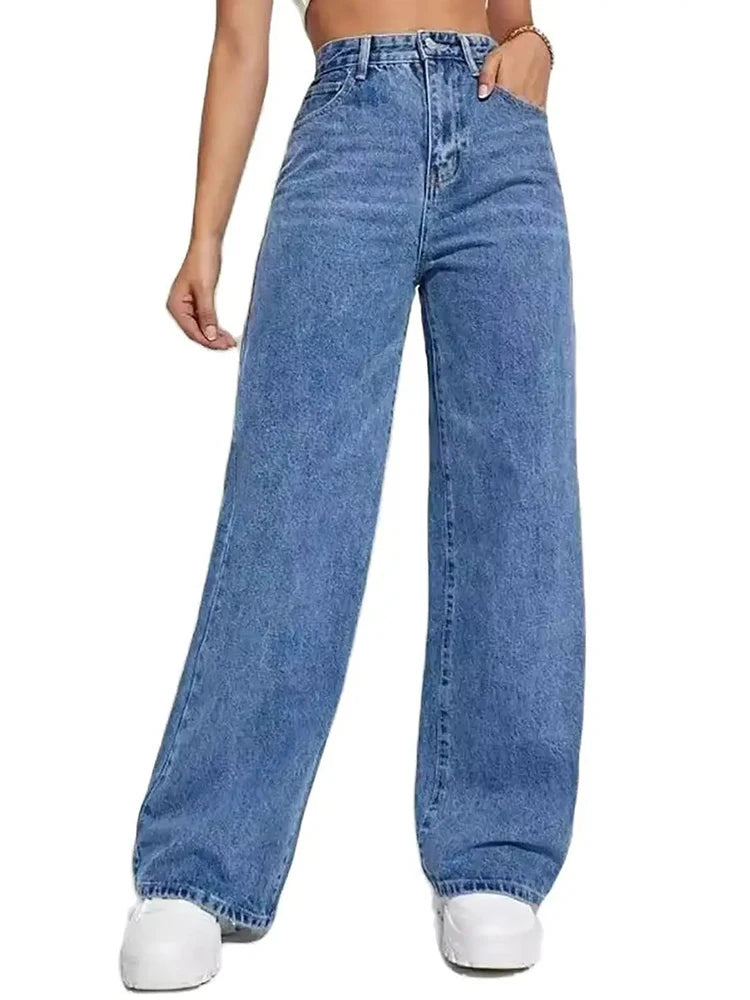 Fashion retro blue jeans women y2k High street baggy straight pants High waisted all-in-one slim pants.