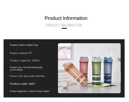 500ML 3-layer Sports Water Protein Powder Shaker Bottle Outdoor Travel Portable Leakproof Drinkware Plastic Drink BPA Free.