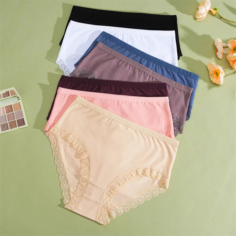 FINETOO 5Pcs Women Cotton Lace Underwear Sexy Seamless Breathable Panties Plus Size Mid-Waist Briefs Female Solid Soft Lingerie.