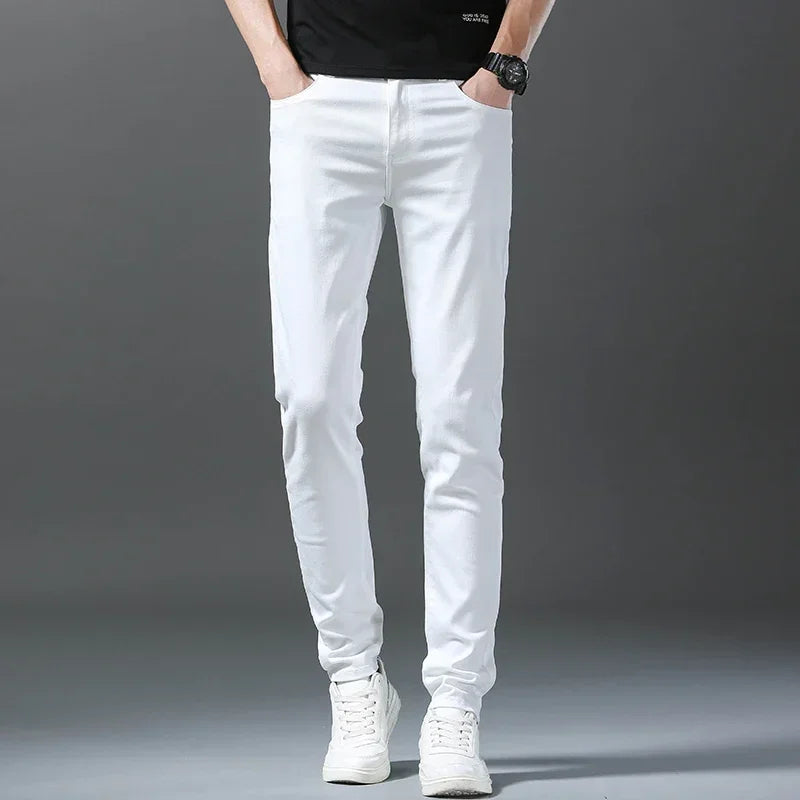 2025 Spring Summer New 98%Cotton Men's Slim Jeans Straight Casual Fashion Pencil Pants High Quality Trousers Male Clothes White.