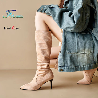 Street Style Pointy Toe Long Boots Women Stiletto Heels 8CM High Heel Winter Sexy Woman Shoes Female Suede High Boots Size 35-46.