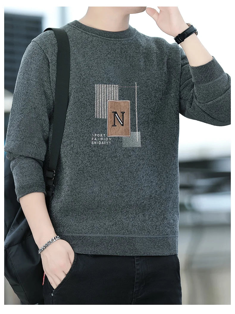 Autumn Winter Fashion Sweater Men's Round Neck Pullovers Fleece Thick Warm Jumpers Pattern Patchworked Men's Clothes