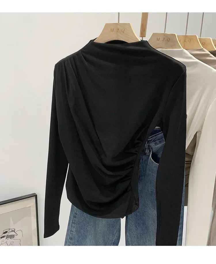 Early Autumn Pure Color High Neck Pleated Slim Fit Sexy Base Shirt Women's Fashionable Crew Neck T-shirt Full Sleeve China Origi