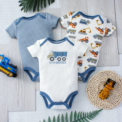 3PCS Sommer Jungen Baby Body Drei stück Set Cartoon Lkw und Streifen Muster Kurzarm Taste Design Dreieck body.