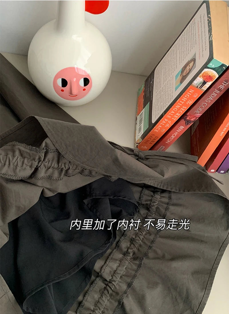 Vintage Black Midi Skirt Women Japanese Harajuku Drawstring Bud Skirts Summer Streetwear Korean Casual Design A Line Faldas New.