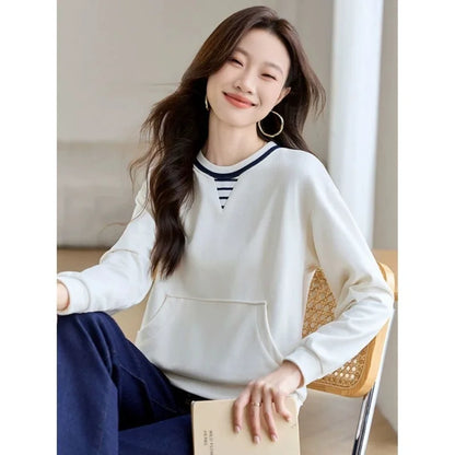Apricot Round Neck Patch Long Sleeve Sweatshirt Women Loose Comfort Casual Design Fashion Top.