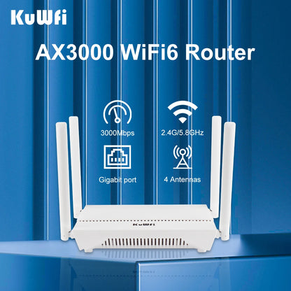 KuWFi AX3000 WiFi Router 3000M 2.4G 5G Dual Band WiFi6 Gigabit Ethernet Port External Antenna Support AP Repeater MESH VPN WPS.
