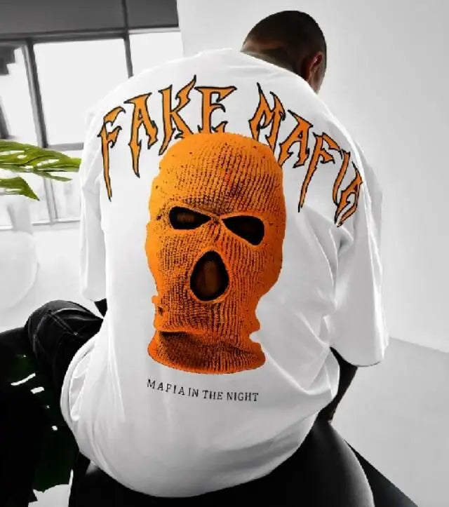 24/25 High-quality American High Street Masked Person Printed T-shirt for Men Oversized Loose Harajuku Short Sleeved Tops.