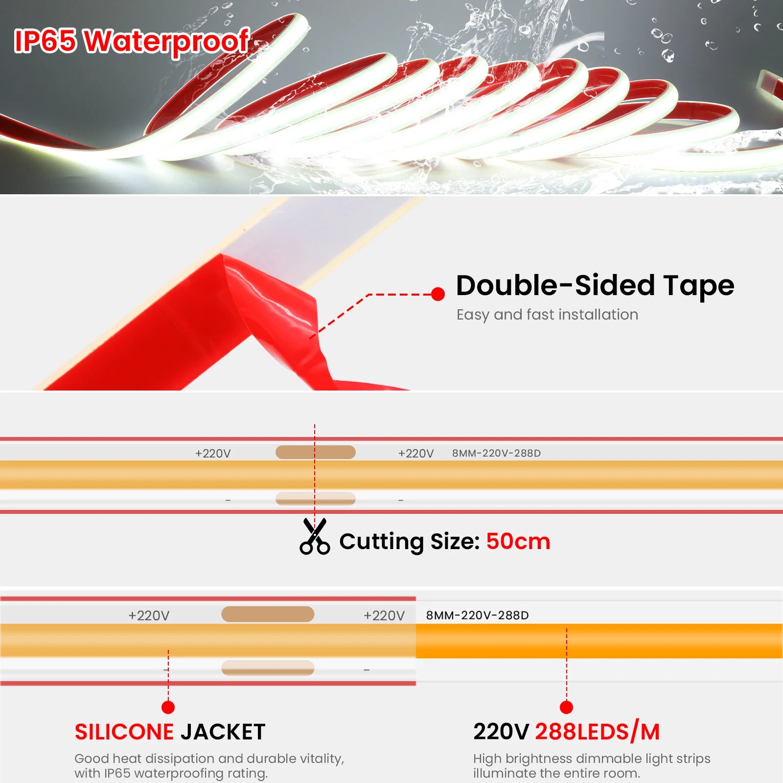 COB LED Strip Dimmable 220V 288LEDs/m Wall Touch Wifi Bluetooth Remote Control Power Kit Waterproof Silicone Tube Adhesive Tape.